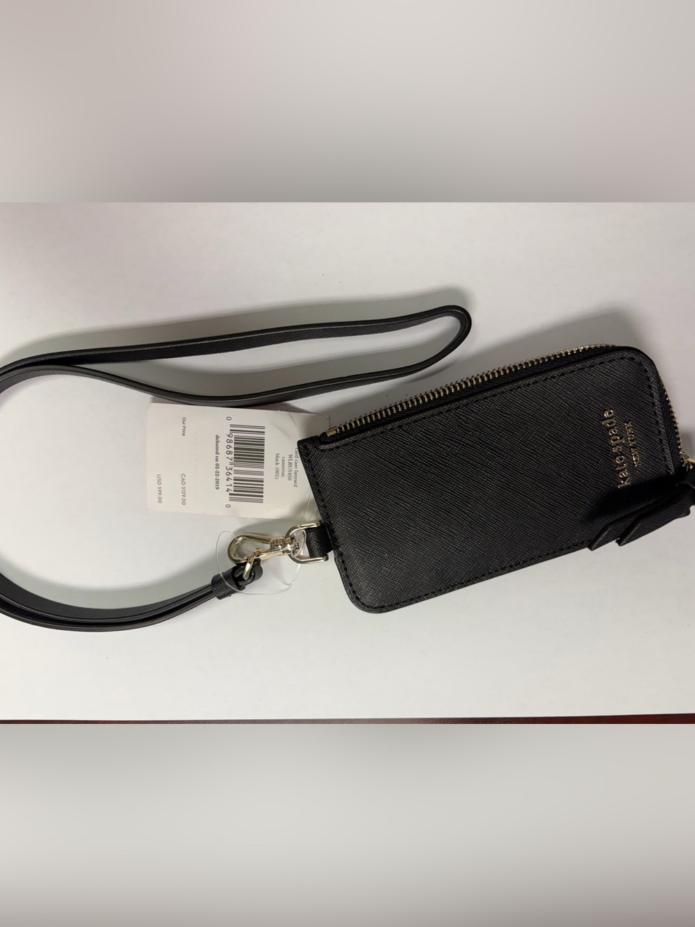 kate spade Black Saffiano Wristlet ID Holder with Strap NWT